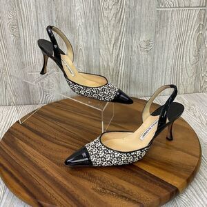 Manolo Blahnik Carolyne Slingback Pumps Patent Leather Black White Rattan Size 3